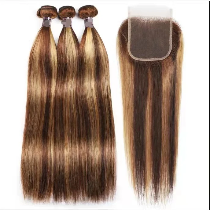 

10A P4/27 Human Hair Bundles With Closure Highlight Color Remy Hair Weave Bundles