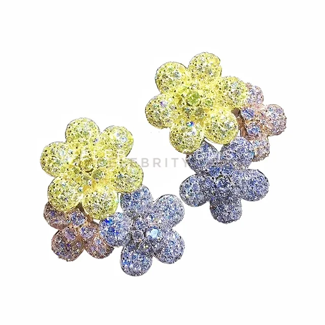 

Celebrity Pink White Diamond Gold Zircon Gemstone Real Silver Flower Earrings Girls Jewelry for Women