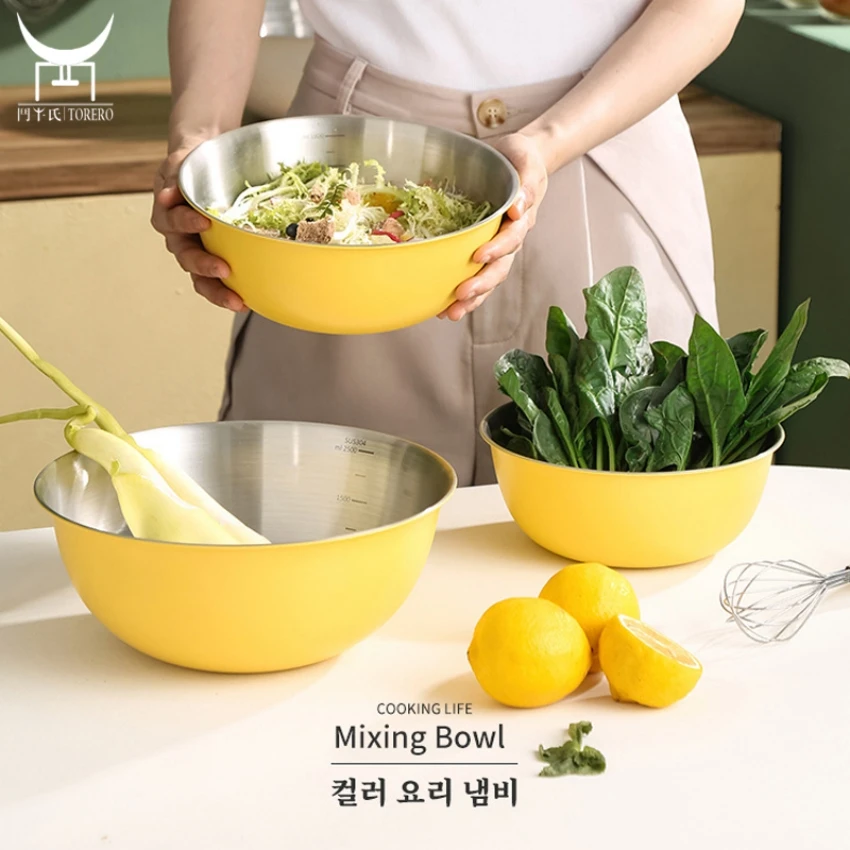 

304 Stainless steel color salad mixing bowl set with scale and vegetable wash mesh basket for kitchen baking cake batter