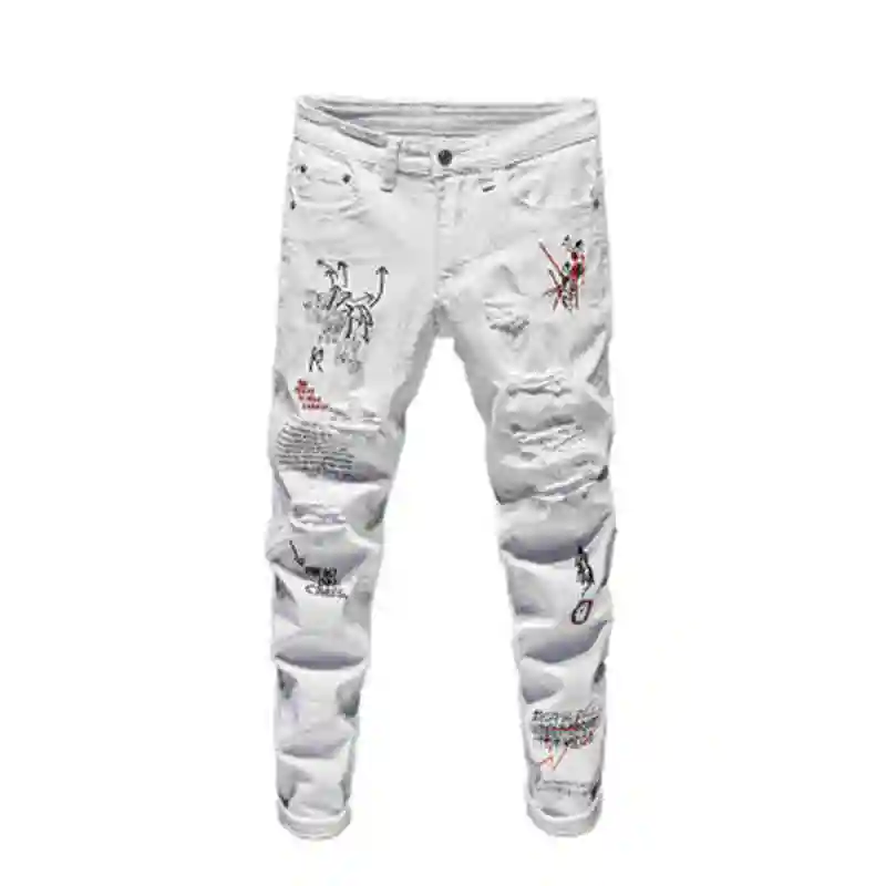 

men fashion High-end jeans with ripped embroidery pencil pants, Customized color