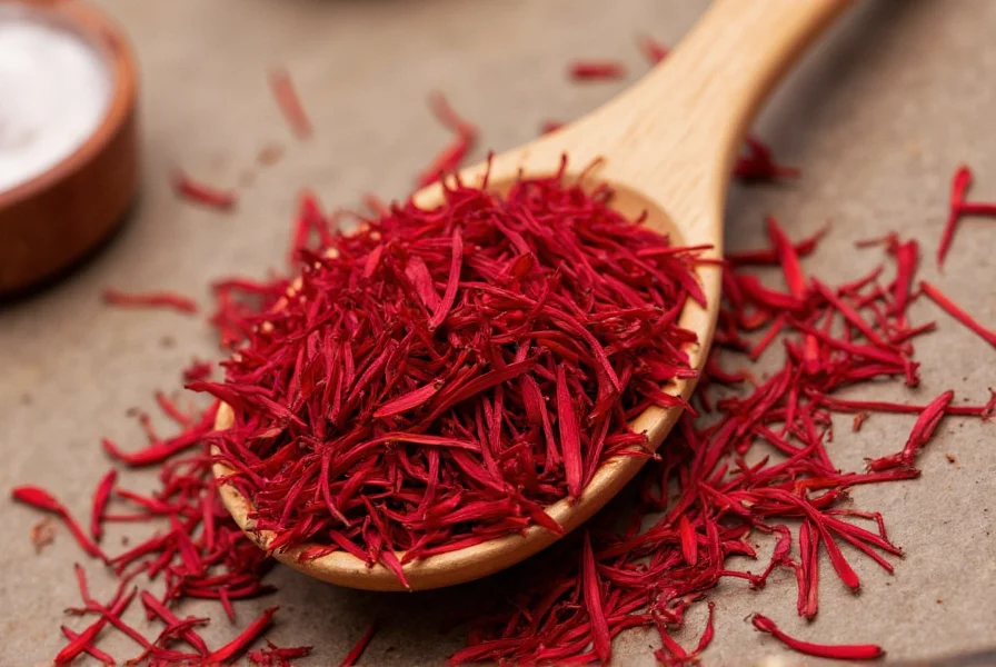 Close-up of saffron threads showing vibrant red color against white background