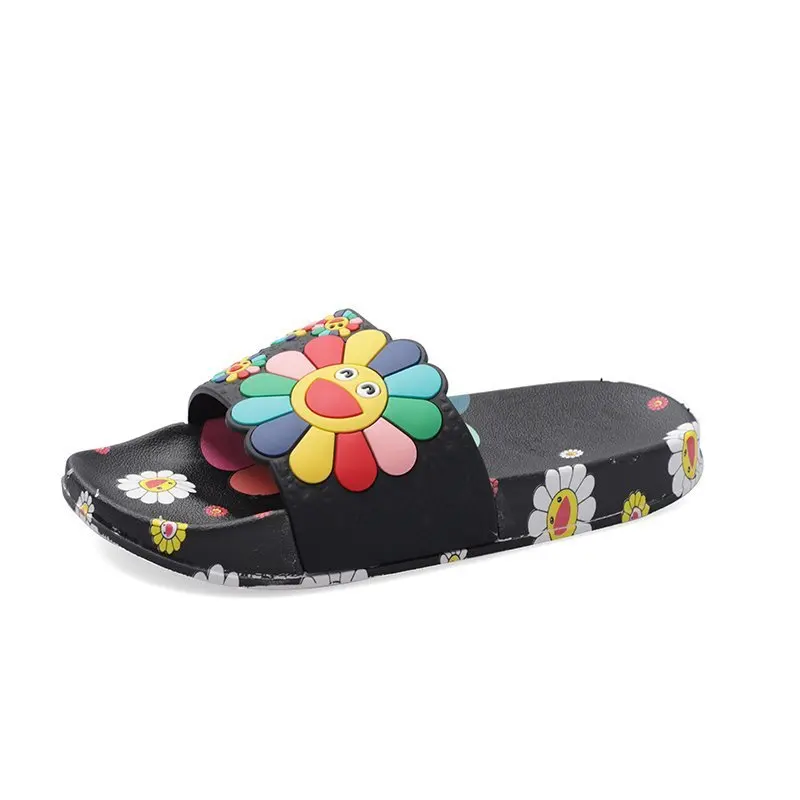 

INS Hot Slippers Korean Beach Vocation Rubber Colorful Sunflower Women indoor and outdoor Slippers, Black/white