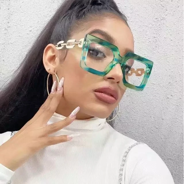 3207 New Unique Chain 2202 Anti-blue Light Eyeglasses Frame Women Square Fashion Oversized Green Leopard Clear Computer Glasses