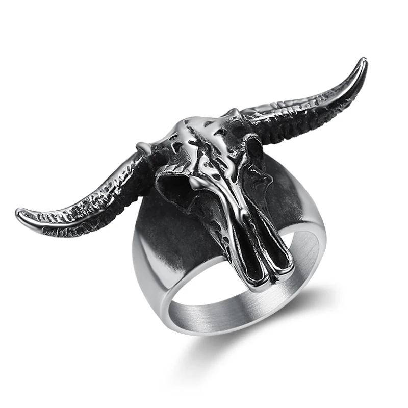 Custom Punk Stainless Steel Jewelry Ram Head Skull Ring Motorcycle Party Men's Ring Exaggeration Gothic Biker Ring