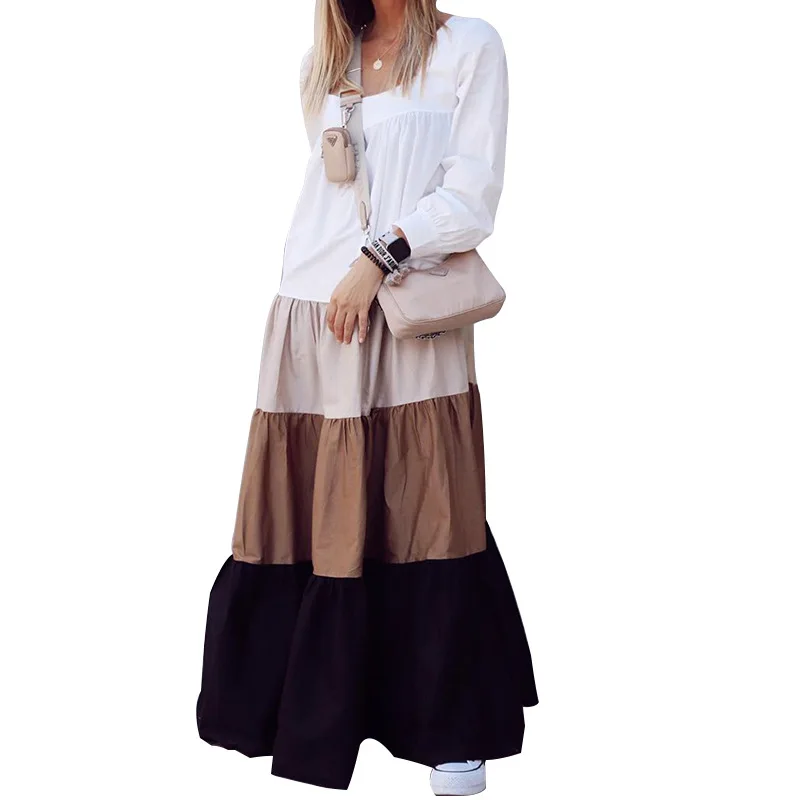 

Women Vintage Long Sleeve Patchwork Pleated Dresses Ladies Sexy Slash Neck Loose Party Dress Autumn Casual Female Dress Vestidos, White blue