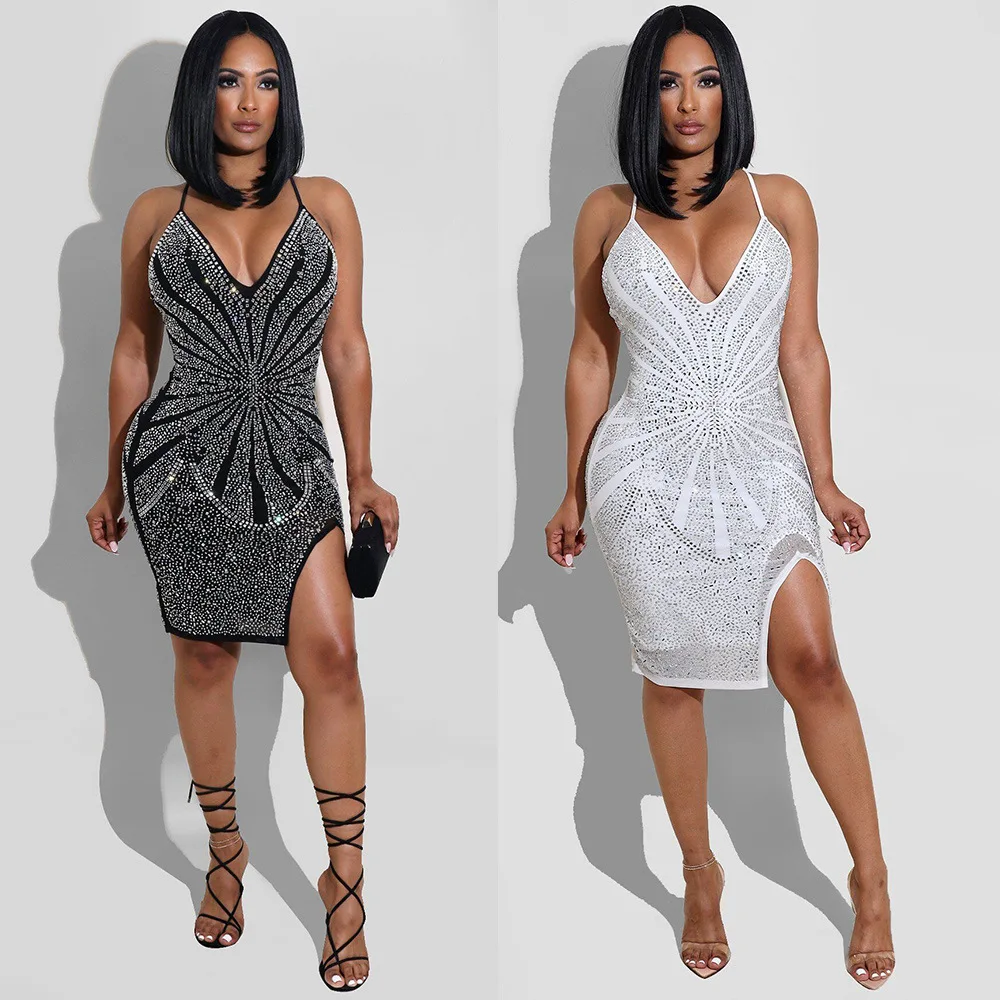 

H7831 - Plus Size Women Fashion Bandage Rhinestones Sleeveless Dresses