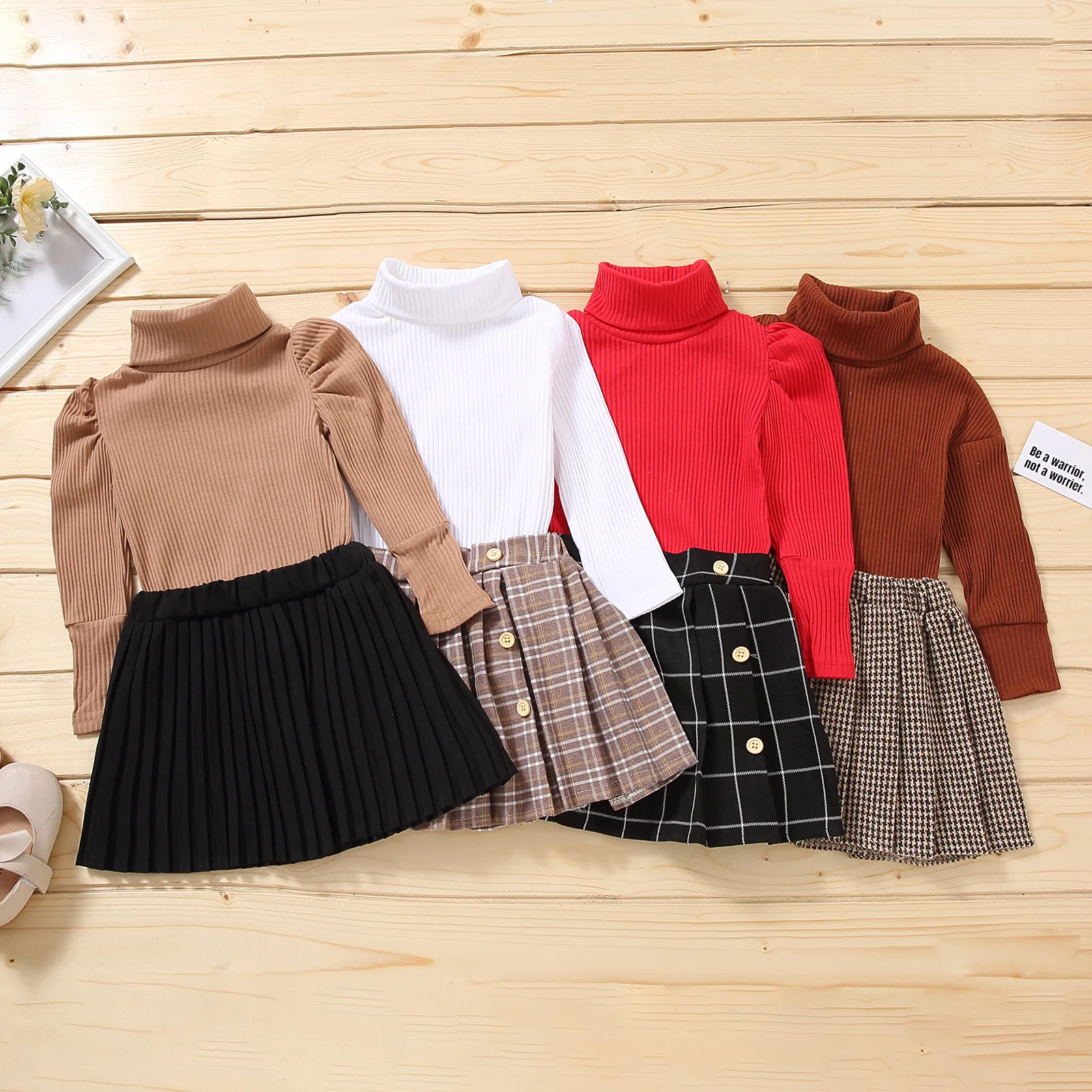 

2021 Autumn New Casual Suit High Neck Slim Long Sleeve Base Shirt Top Pleated Solid Color Skirt Two Sets Girls Plaid Clothes, Picture shows