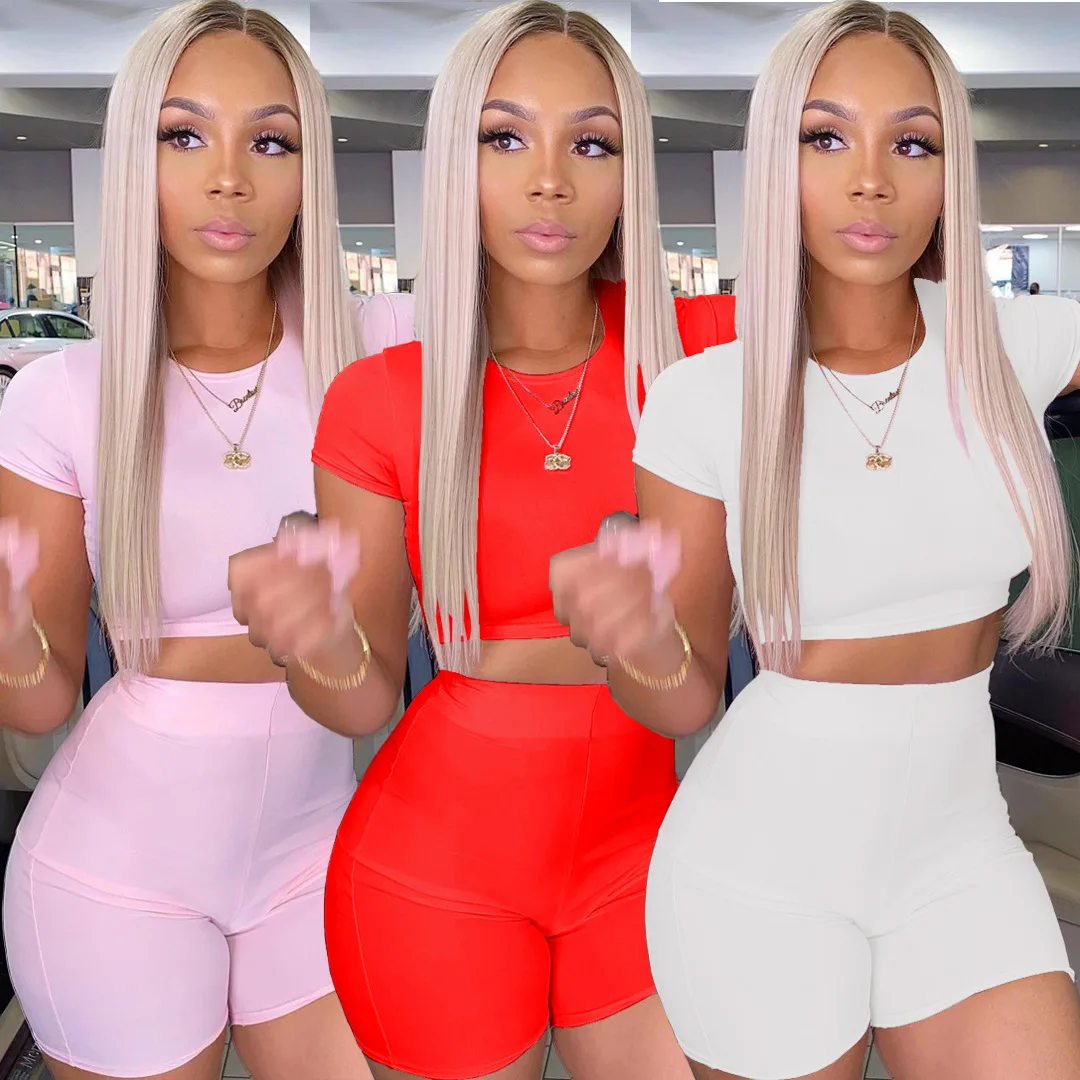 

woman clothing solid color elastic sports shorts suit sexy fitness yoga shorts set solid waist slim two piece short set women, As pictures