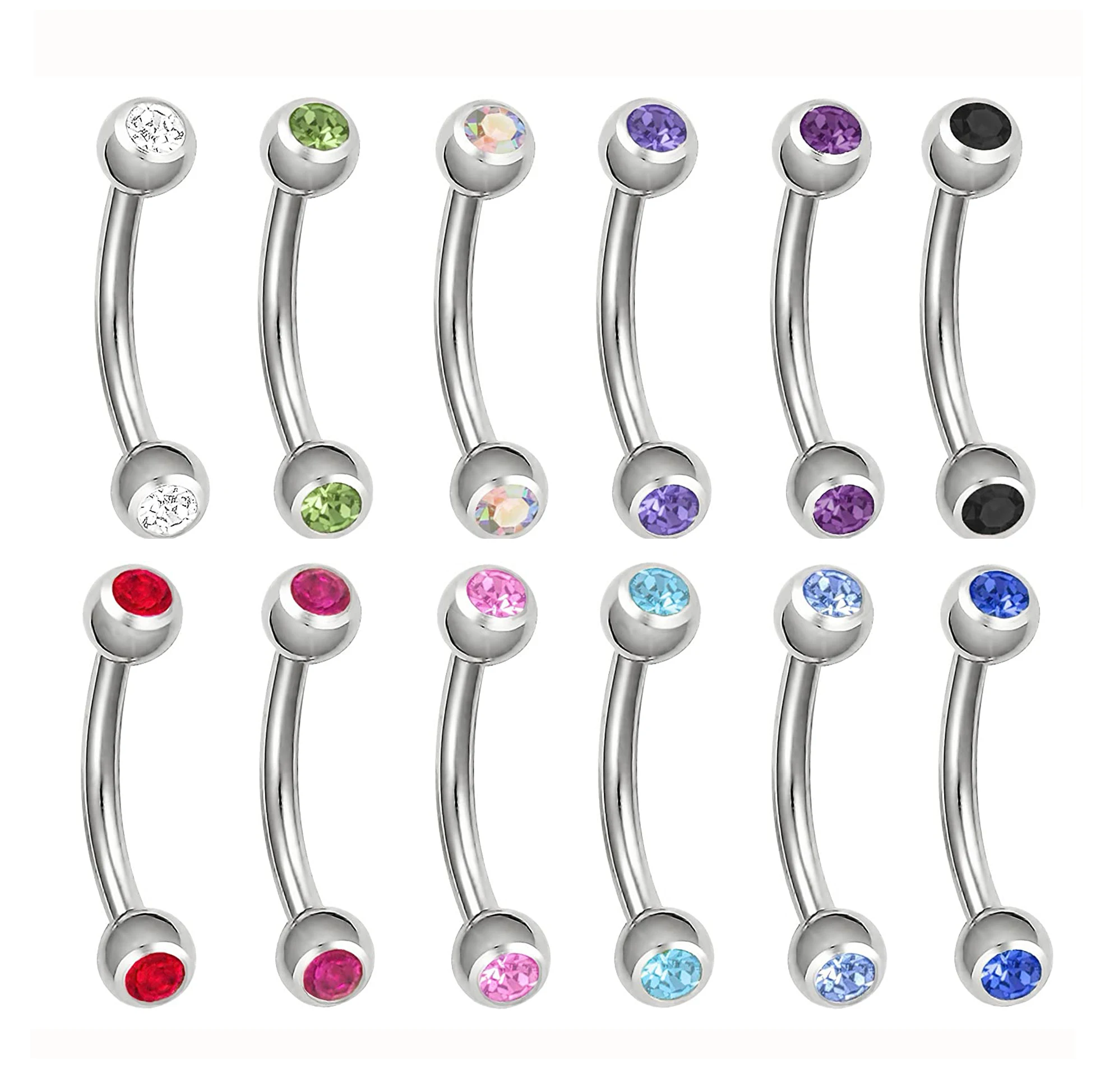 

Double Gem Accent Balls Curved Barbell Rook Earrings Eyebrow Rings Piercing Jewelry, Clear green ab lavender purple black red fuchsia pink aq blue