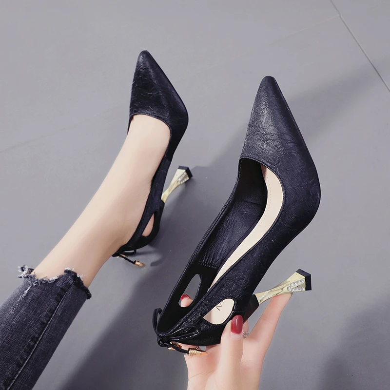 

DEleventh Shoes Woman Fashion Black Beige Formal Shoes Stiletto Heels Rhinestone Pointy Toe Bowknot Hollow Slip-On Elegant Pumps