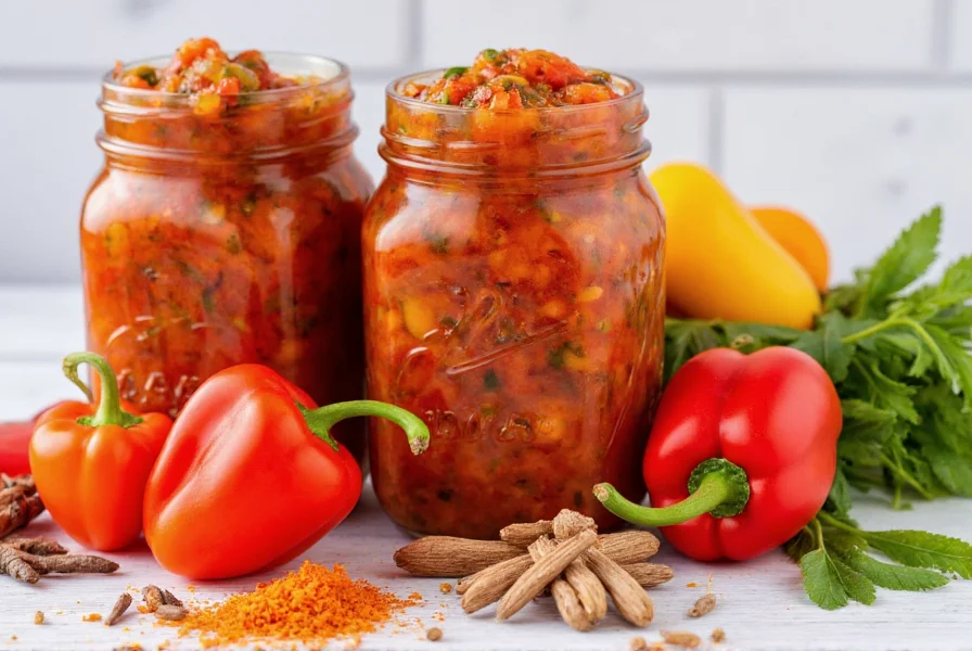 Homemade pepper relish in mason jars with fresh bell peppers and spices arranged around them