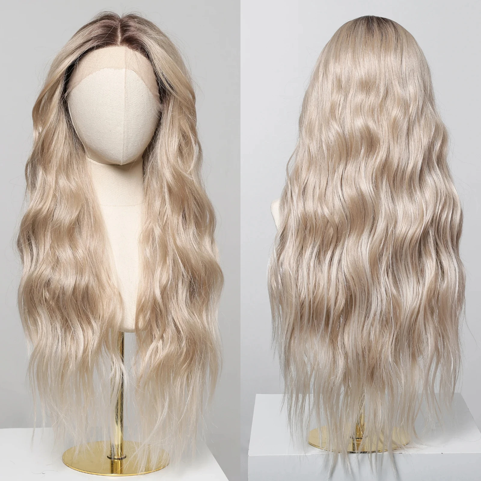HAIRCUBE Ombre Blonde Lace Synthetic Wigs 13*6 Lace Front Wig Platinum Blonde Long Wavy Hair for Women Daily Natural Looking