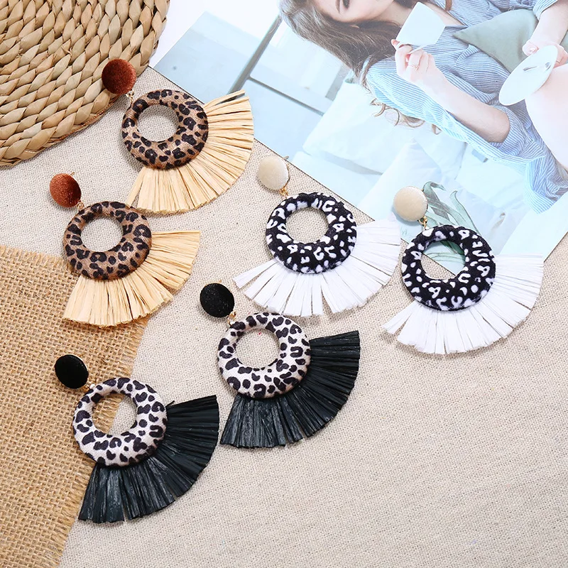 

JUHU 2021 retro personality geometric fan rattan drop earring Simple wild leopard grain lafite grass earrings jewelry wholesale, Colorful