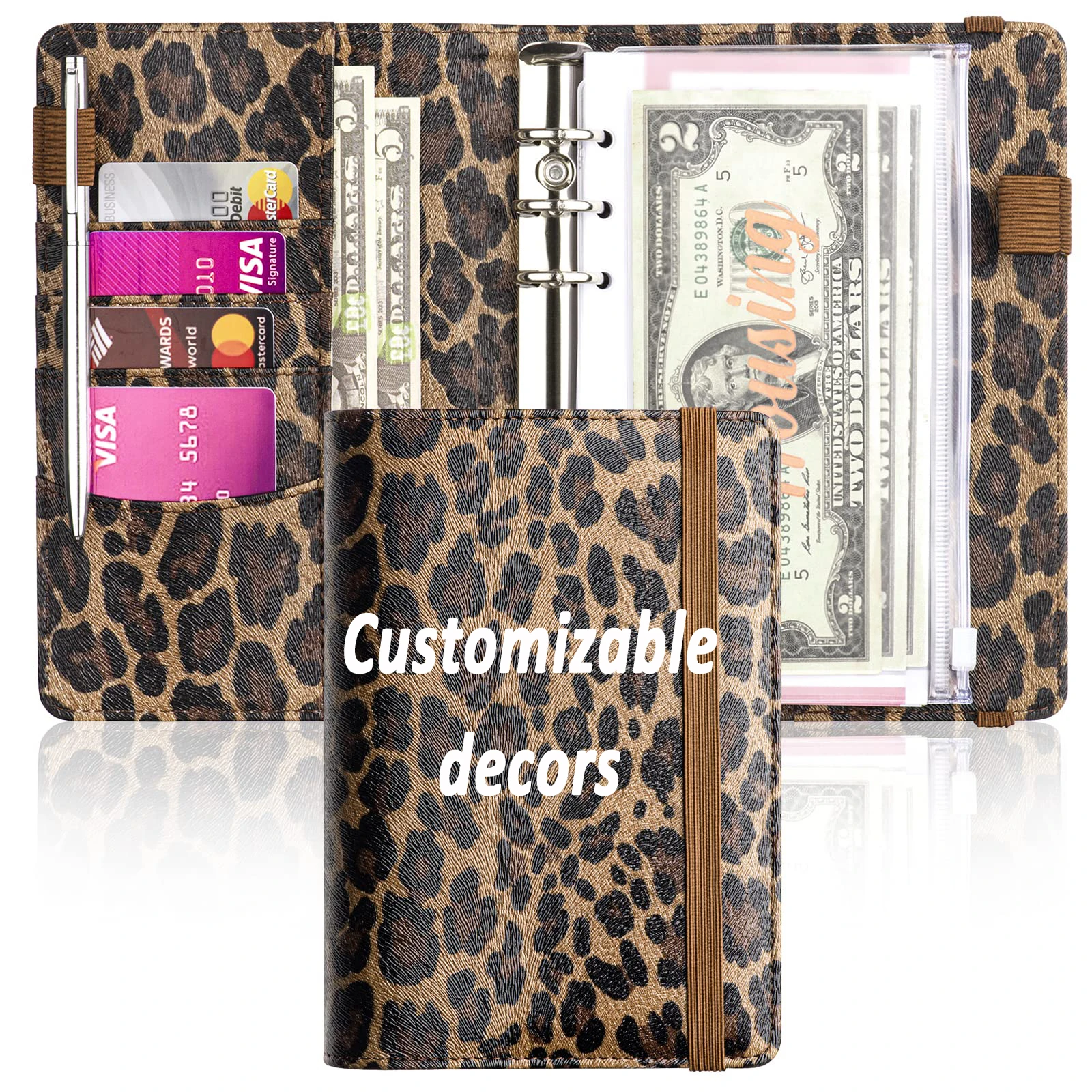 

Leopard PU Leather Budget Planner Money Organizer binder notebook with Cash Envelopes Sheets Rose Gold Category Stickers