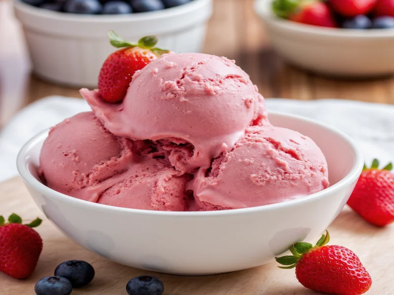 Finished homemade ice cream in bowl with berries