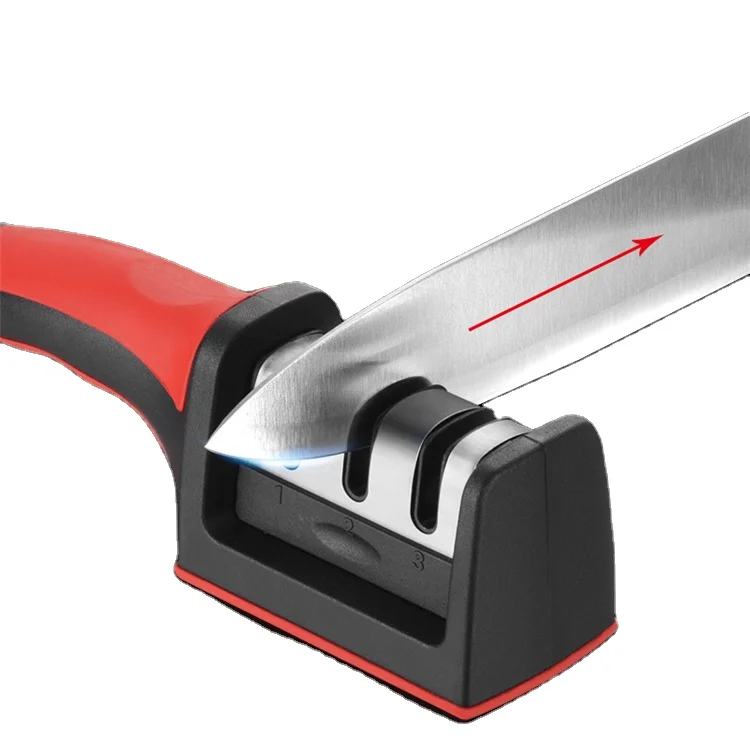 

New Multifunctional Kitchen Tool 3 Section Non-slip Rubber Handle Quick Sharpener, Black & red