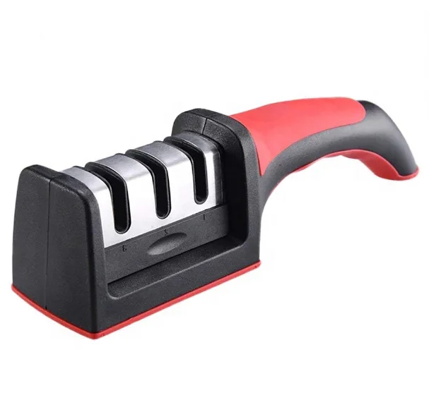 

New model 3 Stages Non slip Rubber handle Knife Sharpener, Black & red
