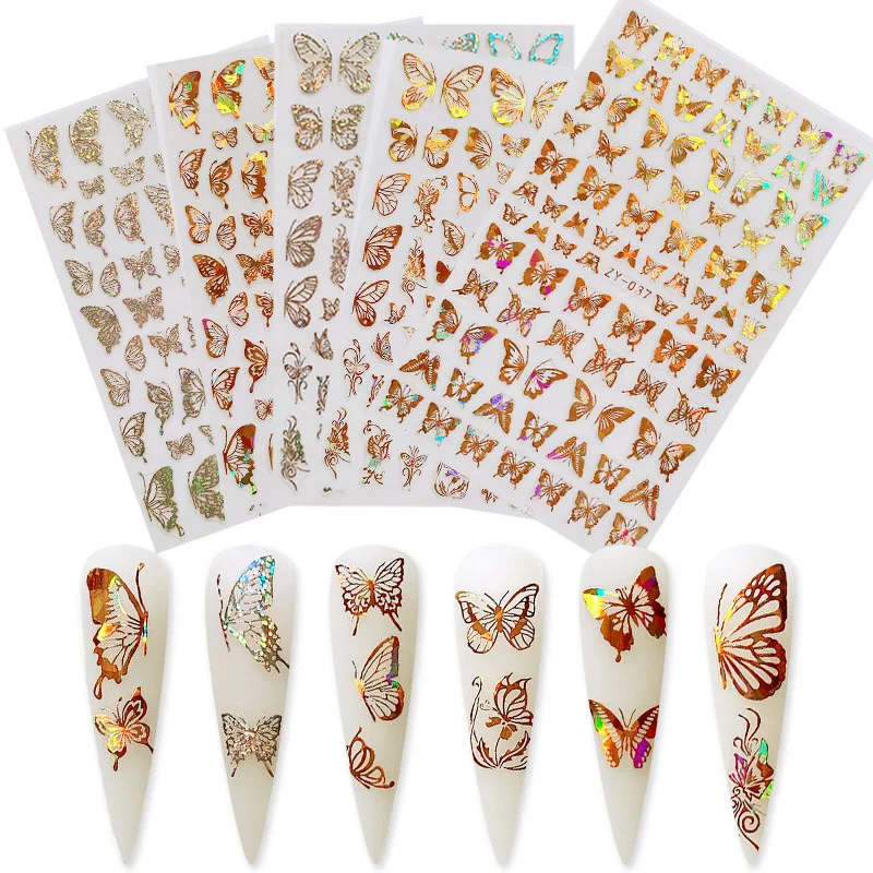 

2021 Hot Sale Laser 3D Gold Silver Color Butterfly Nail Stickers bronzing Nail art Decoration, Gold and silver