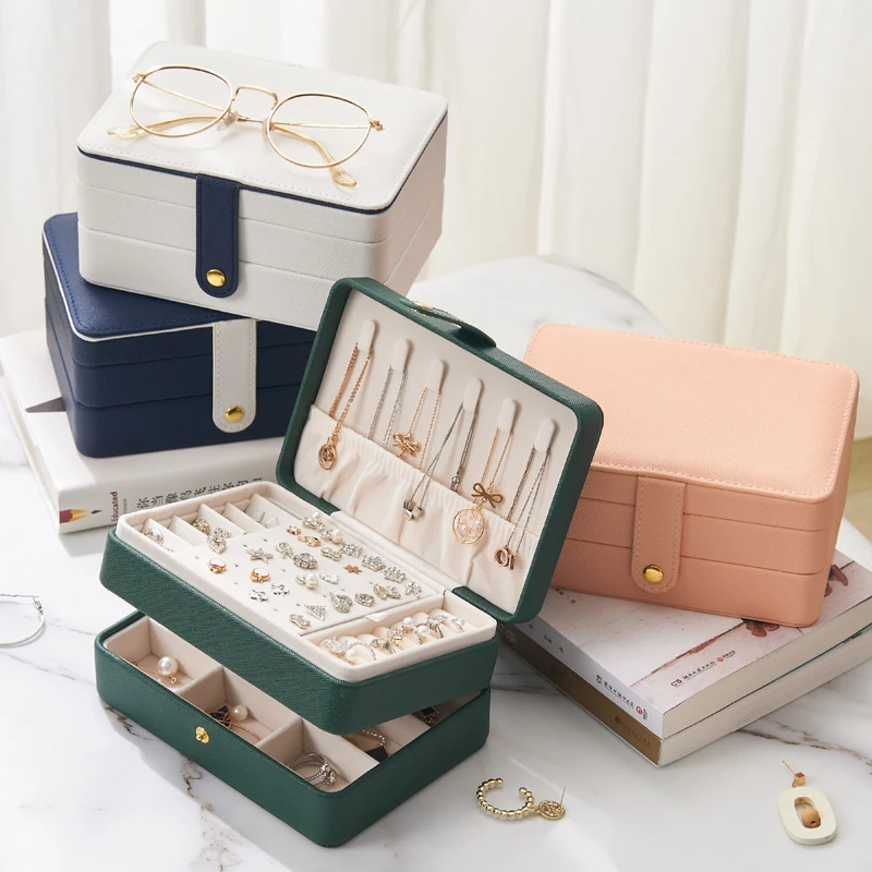 

Factory Supplier Fashion Custom Logo Cosmetic Case Gift Travel Necklace Ring Earring Packaging Leather Jewelry Organizer Box, Blue white green pink