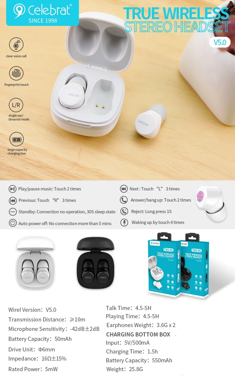 2019 Hot Sale TWS Earphone Earbuds BT 5.0 Sports HD Stereo Touch Control Ear Buds with IPX6  Waterproof for iPhone