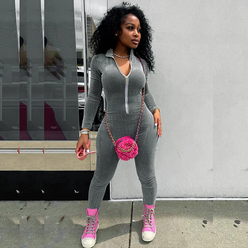 

2021 New Warm Ribber Activewear Zipper Long Sleeve Solid Color Basic Jumpsuit Women Casual, Picture color