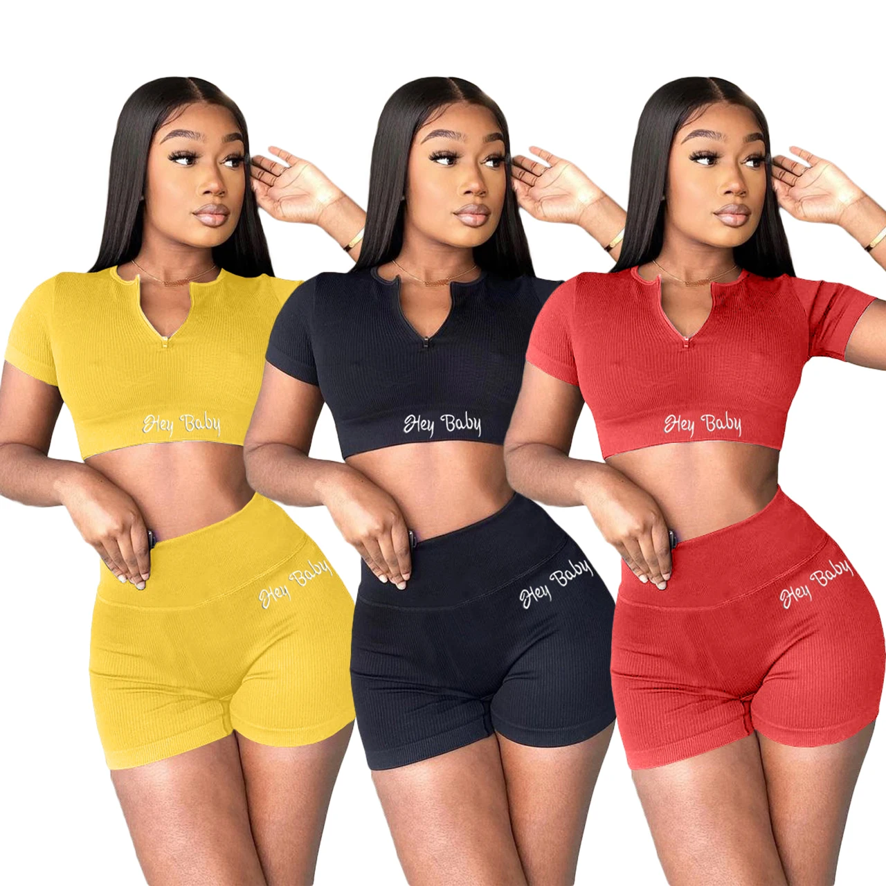 

Wholesale hot sale women s custom 2 piece set casual sport solid color women biker shorts set, 3 colors and also can make as your request