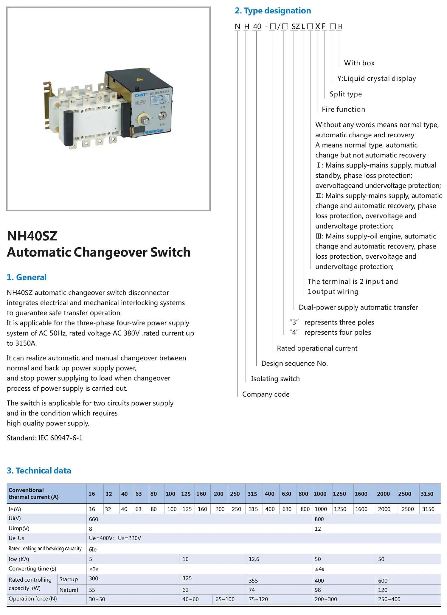 Chint NH40SZ NH40-160/4SZ NH40-250/4SZ NH40-400/4SZ NH40-630/4SZ NH40-800/4SZ NH40-1000/4SZ ATS Automatic Changeover Switch