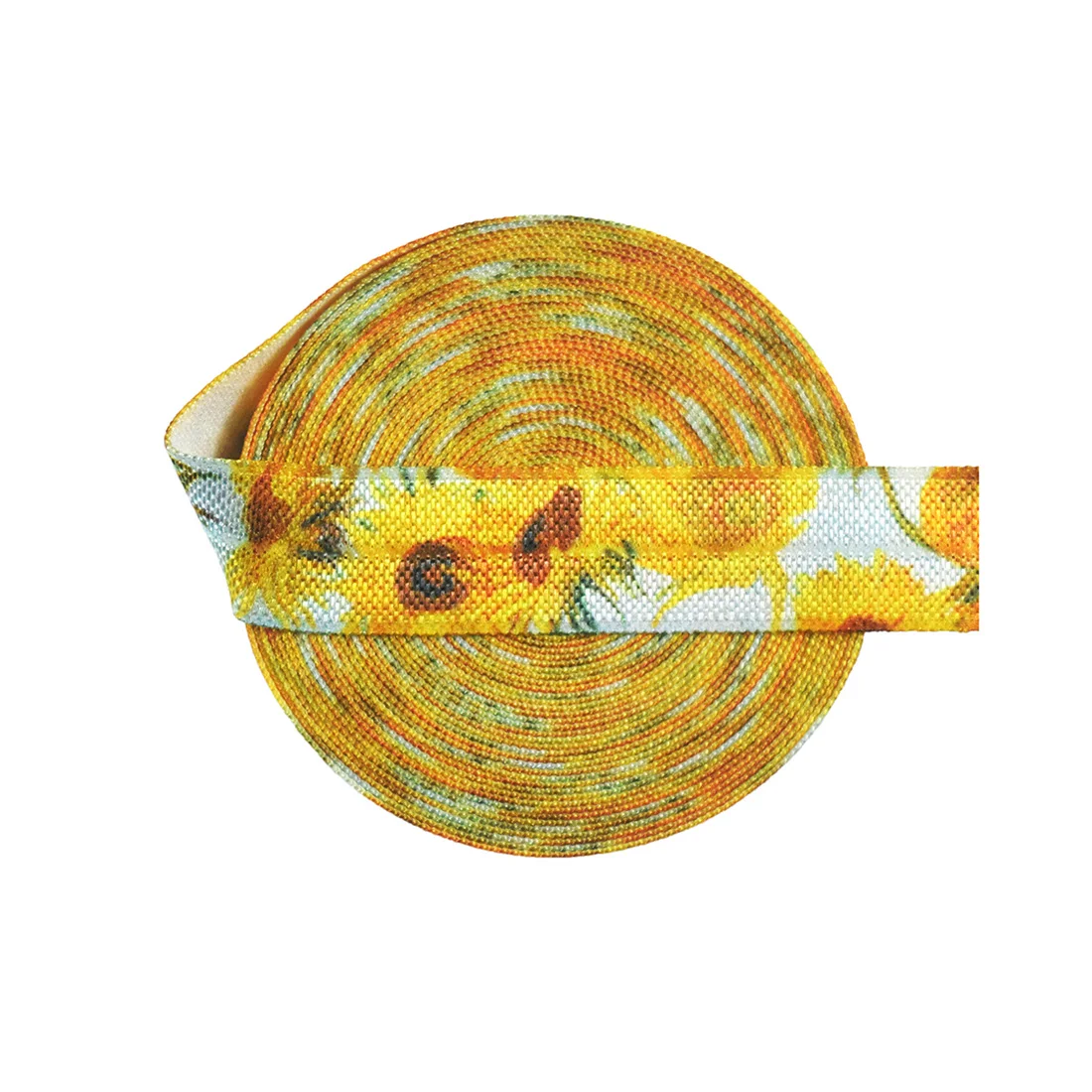 

BRISTLEGRASS 50 Yard by Roll 5/8" 15mm Van Gogh Sunflower Print Foldover Elastic FOE Spandex Satin Band Hair Tie DIY Sewing Trim, Accept customized