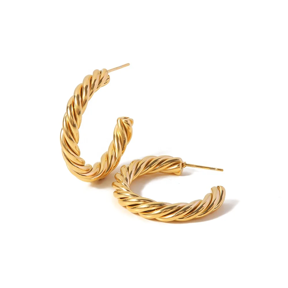 Twisted Rope Chain Style Minimalist 18k Gold Plated Stainless Steel Hoop Earrings For Women