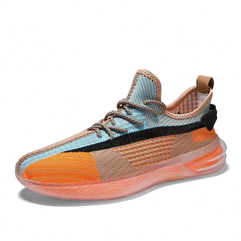 

wholesale knitted upper breathable reflective shoelace sport shoes for men fashion sneakers, Black/white/grey/orange