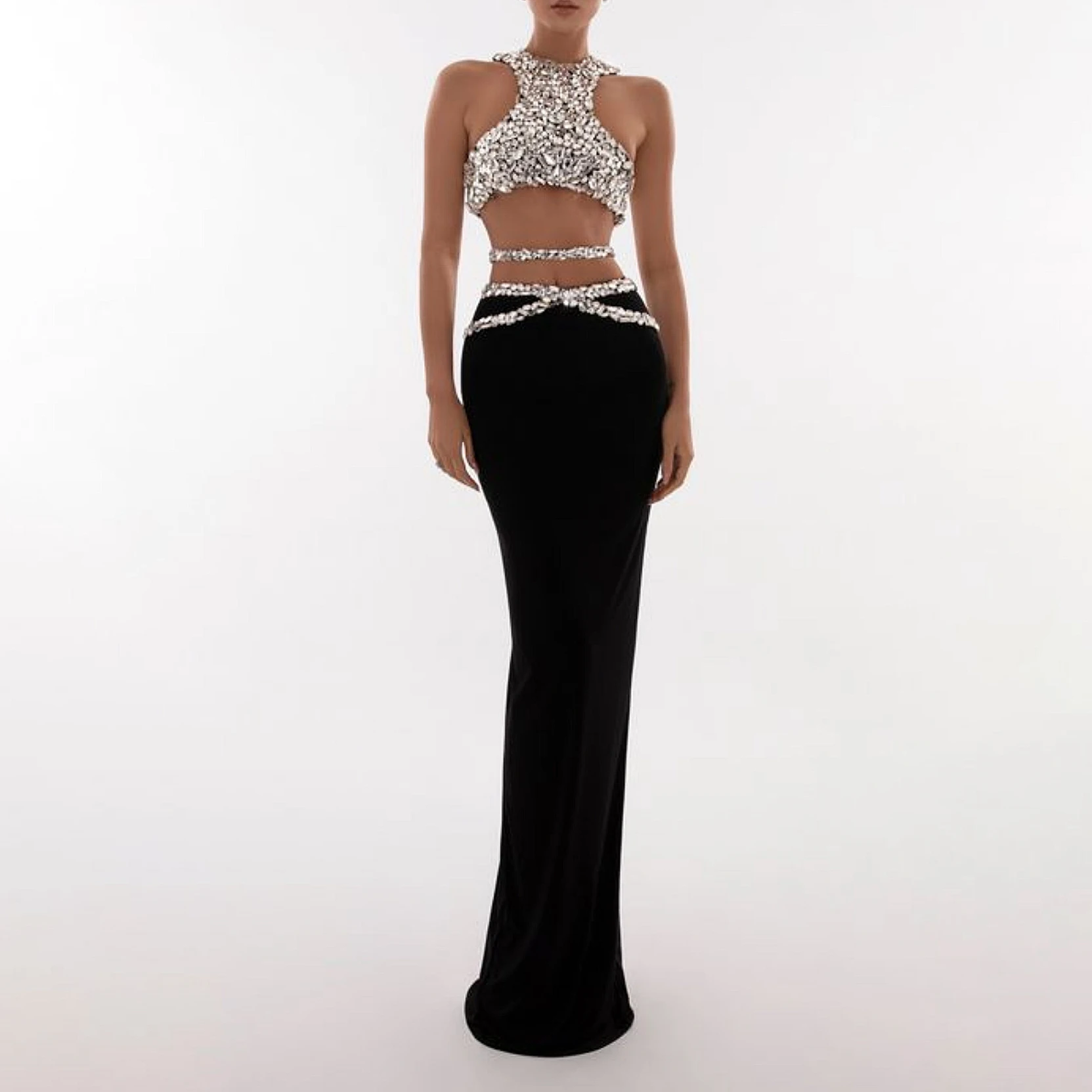 Sparkly Crystal Crop Top Long Skirt Two Piece Set