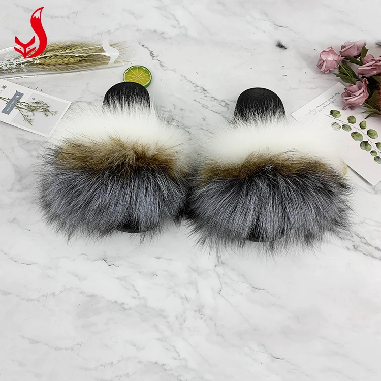 
Wholesale Indoor Women Real Raccoon Mink Sandals Fox Fur Slides Slippers with Custom Logo 