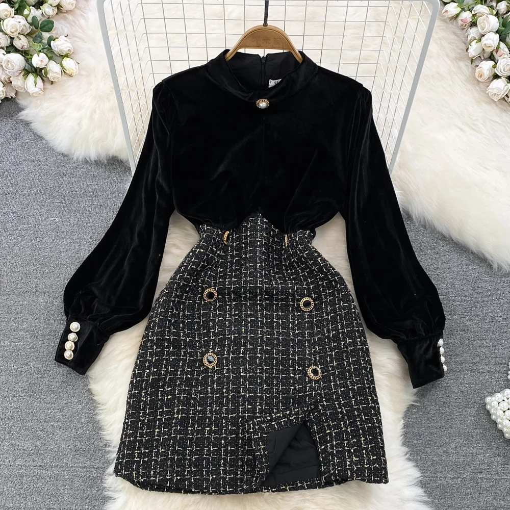 2023 Velvet Patchwork Plaid Waistline Slimming Tweed The Dress Skirt