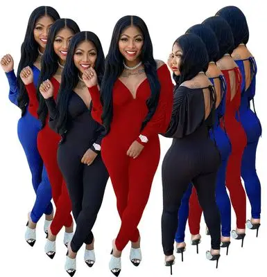 

2021 New Arrivals Sexy Backless V Neck Bodysuits For Women Bat Sleeve Hollow Out Jumpsuit