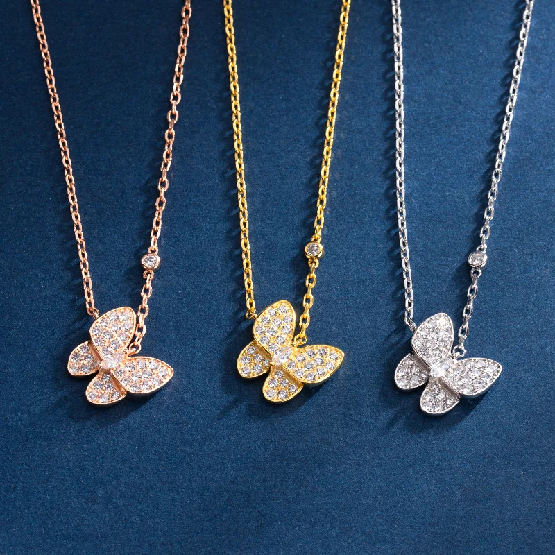 

Wedding Jewelry Sweet choker collares Zircon Crystal Icy 925 Sterling Silver Butterfly Diamond Necklaces For Women, Gold, silver