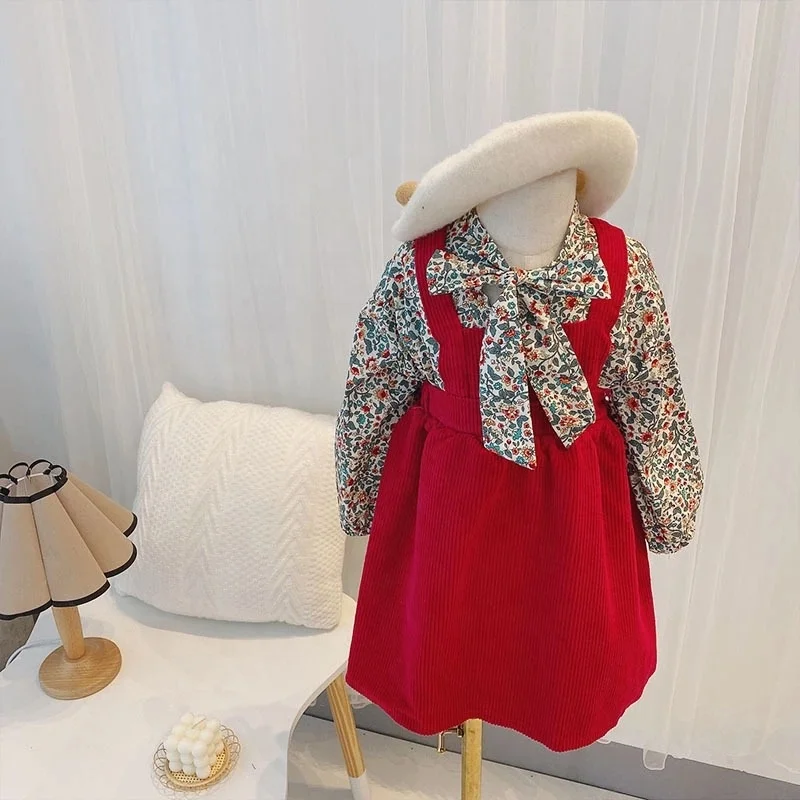 

2021 New Spring Autumn Girls Clothes Fashion 2PCS Suit Cute Bowknot Floral Shirt Top Corduroy Strap Skirt Kids Clothing Set