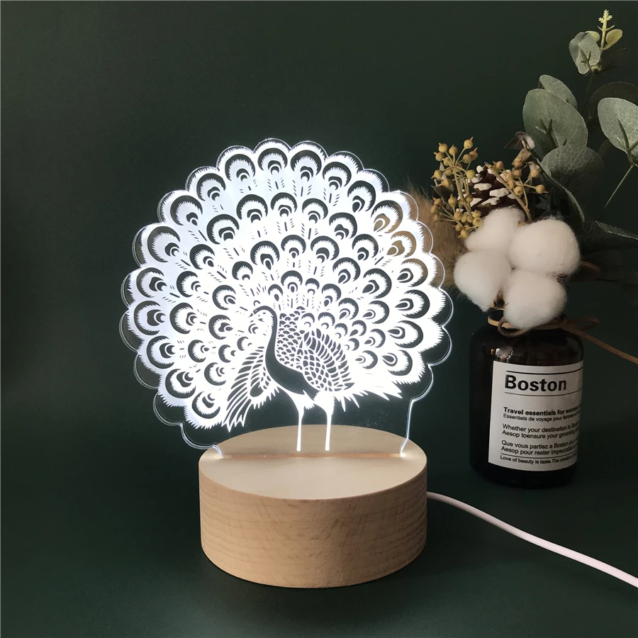 Led Gift USB Acrylic Creative dimming Bedroom Bedside peacock 3D Night Light