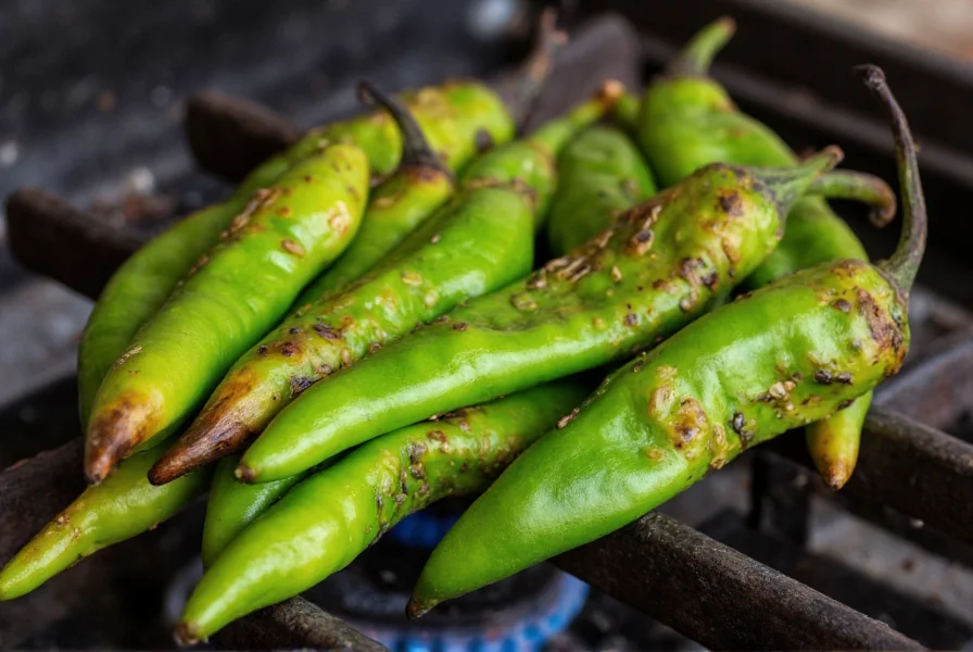 Fresh green chilies roasting over gas flame, charred skin visible, vibrant green interior