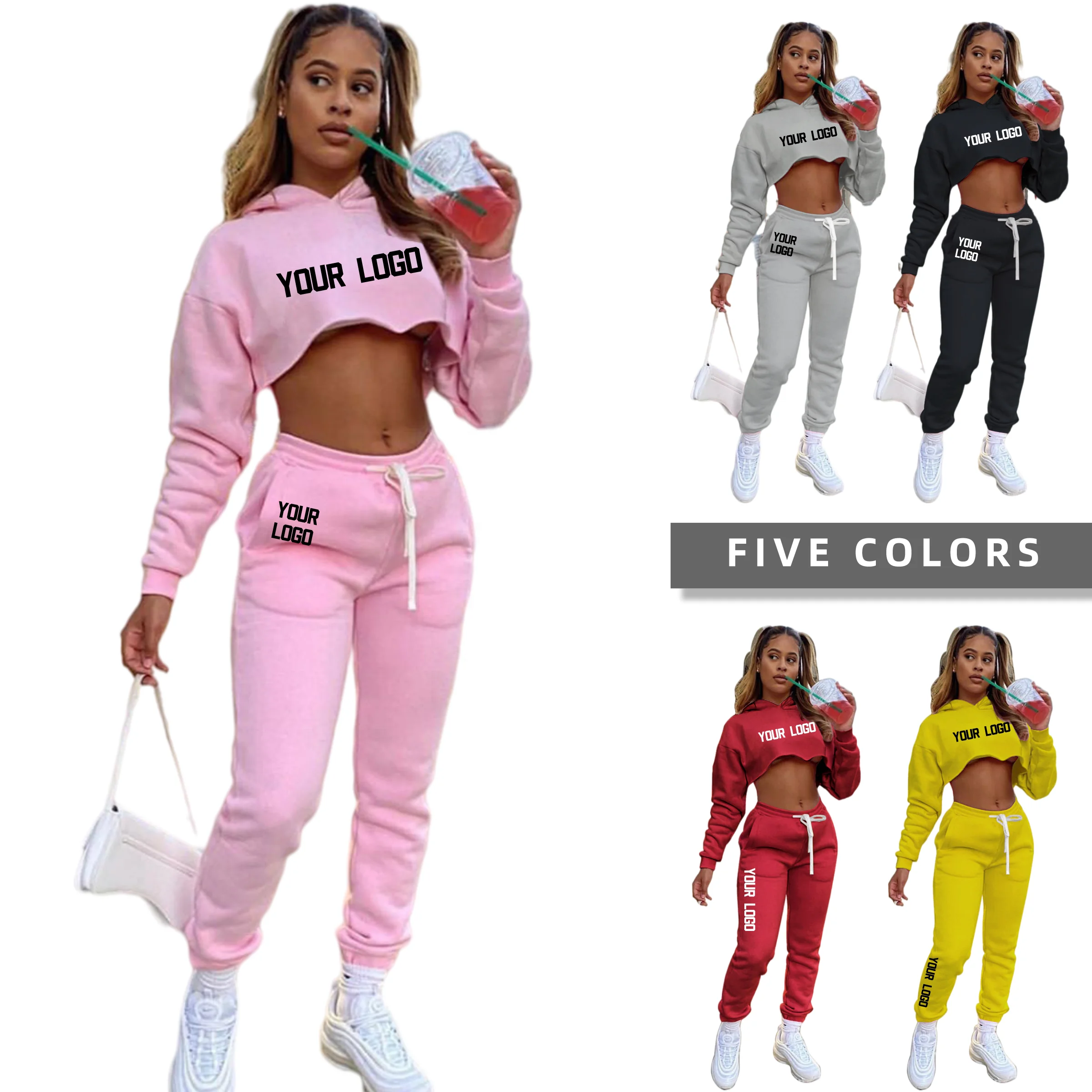 

LD201043 Pink Black Women Sweatpants and Sweatshirts Tracksuit Custom LOGO Hoodies Cropped SweatSuit Set, As shown in the picture