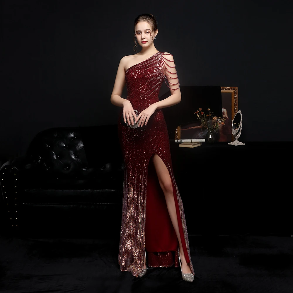 

18572#2021 One-shoulder Beading Sleeveless Floor-length Red Sexy Printed Tights Party