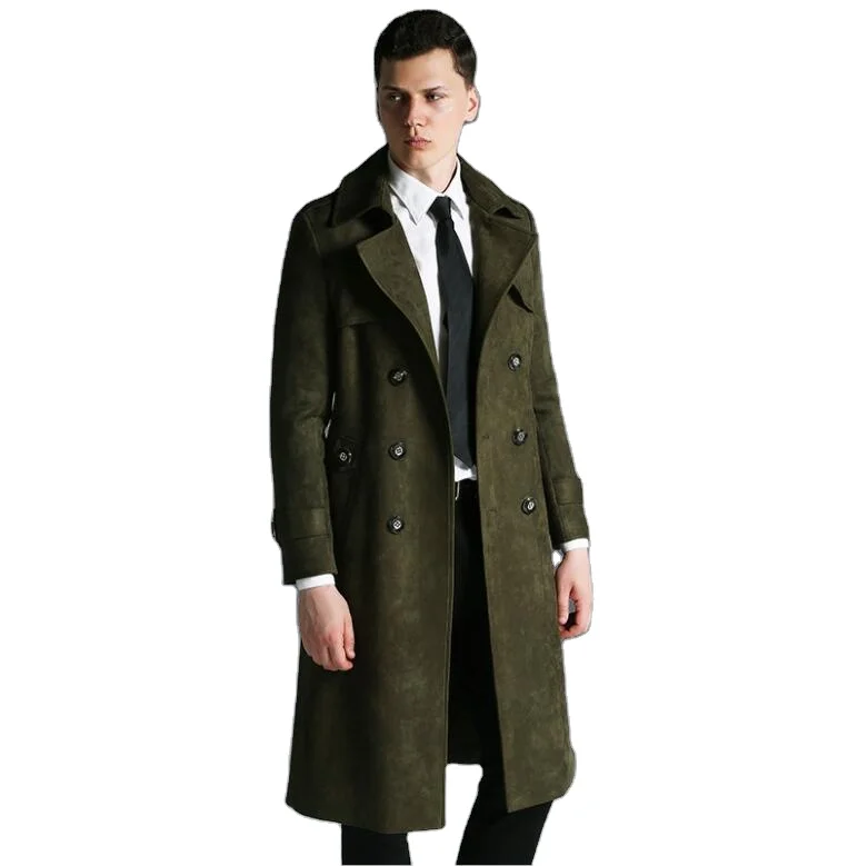 

Europe Fashion Army green gray Black Overcoat Deer suede Trench coat men 2019 new super long windbreaker spring autumn Clothing, As the pictures