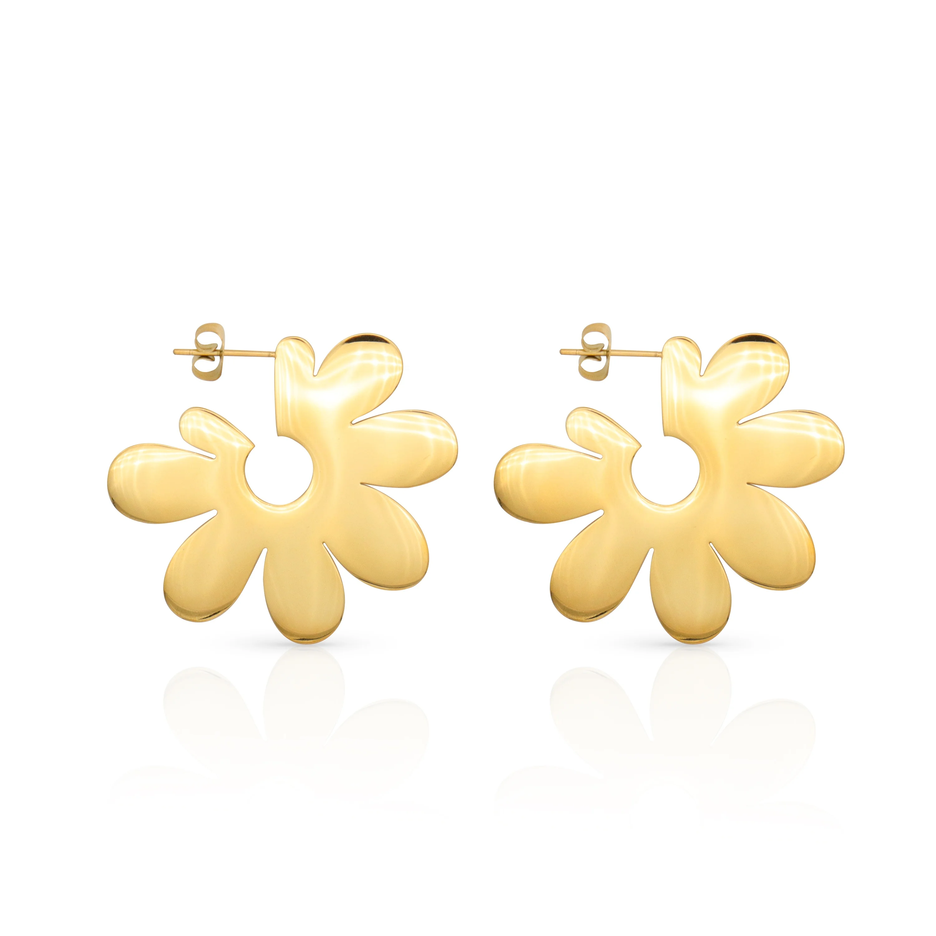 

Chris April modern fashion jewelry 316L stainless steel pvd gold plated flat metal daisy flowers shape hoop earring