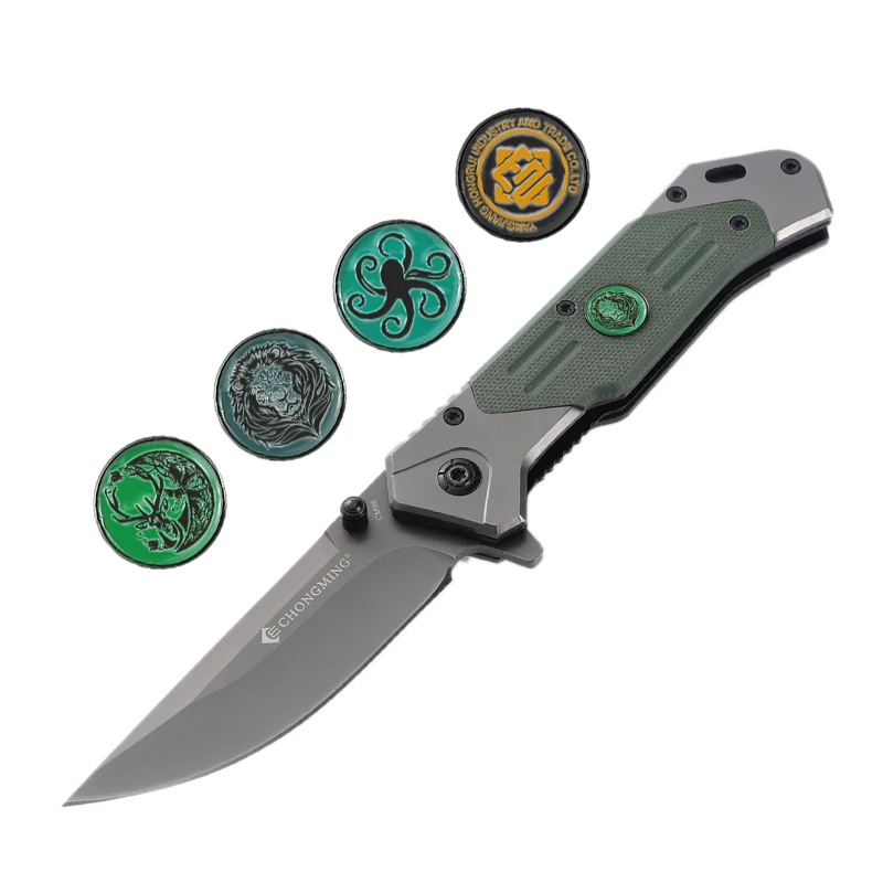 

Dropshipping products 2023 green g10 handle outdoor survival camping folding pocket handmade camp knife with custom metal logo