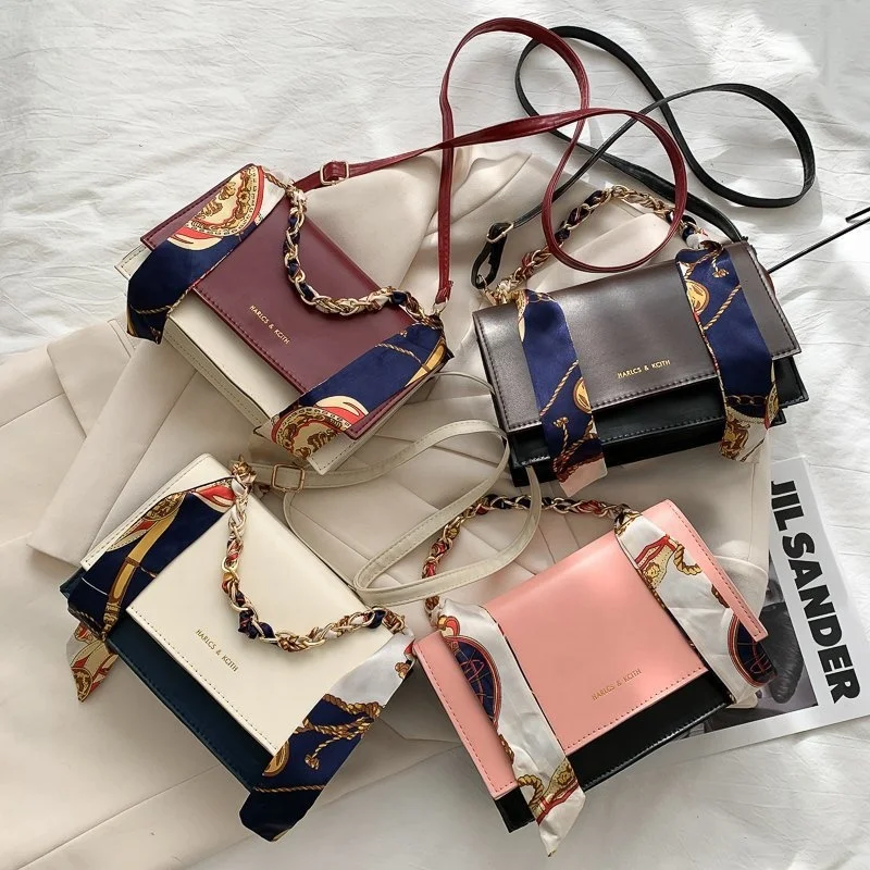 

Silk sling metal chain square PU material woman bag, Brown,white,red,pink