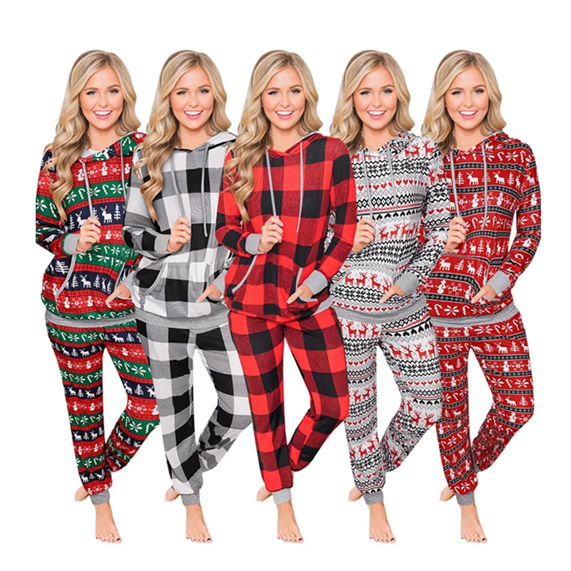 

177 New Arrival Women Long Sleeves Christmas Hoodie Two Piece Sets Christmas Sleepwear Hoode 2 Piece Sets, Red-black, red-blue, red, black-white, gray