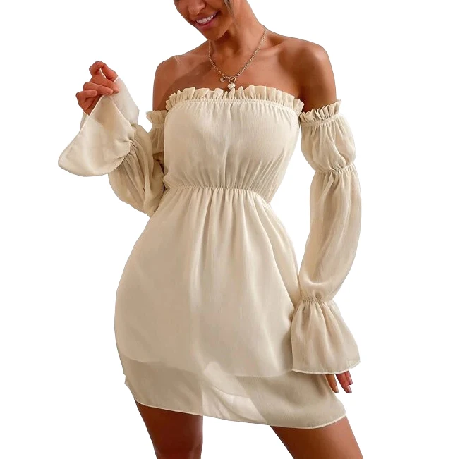 

New Arrive Spring Fall Women Clothing Pleated A-line Mini Skirt Layered Ruffle Off Shoulder Dress