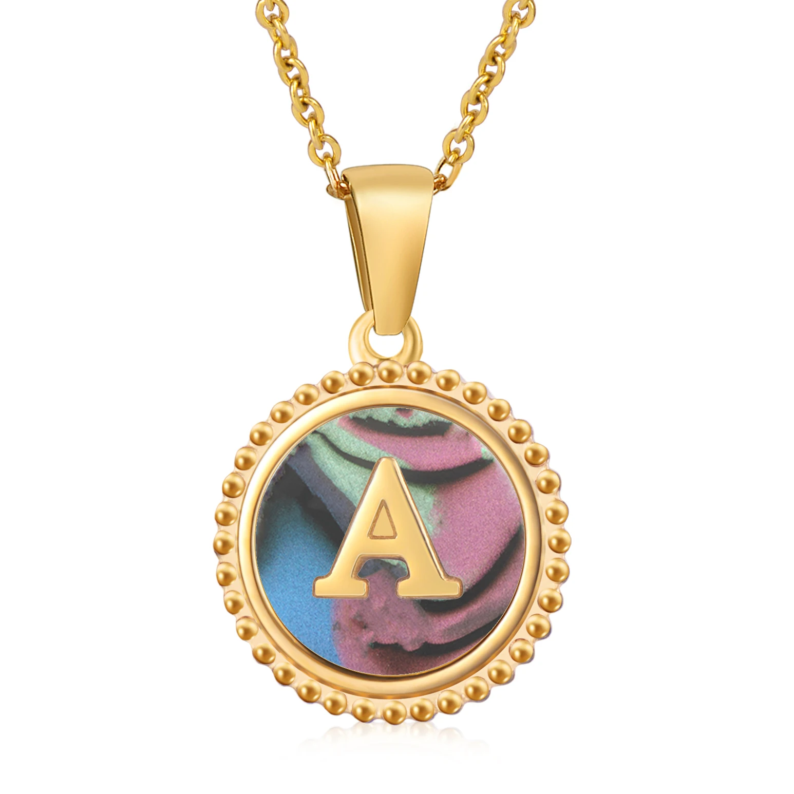 

2021 Summer Round Grain Border Multi Colors Shell 18k Gold Plated Stainless Steel 26 Initial Letter Necklace Women Jewelry