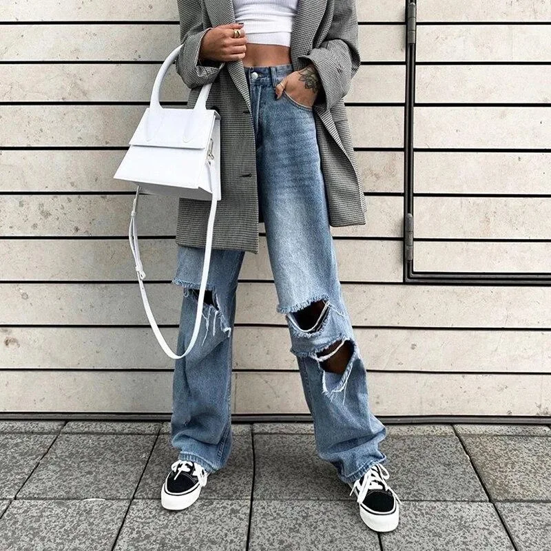 

Wholesale Women high street style high waist loose washed jeans, Blue
