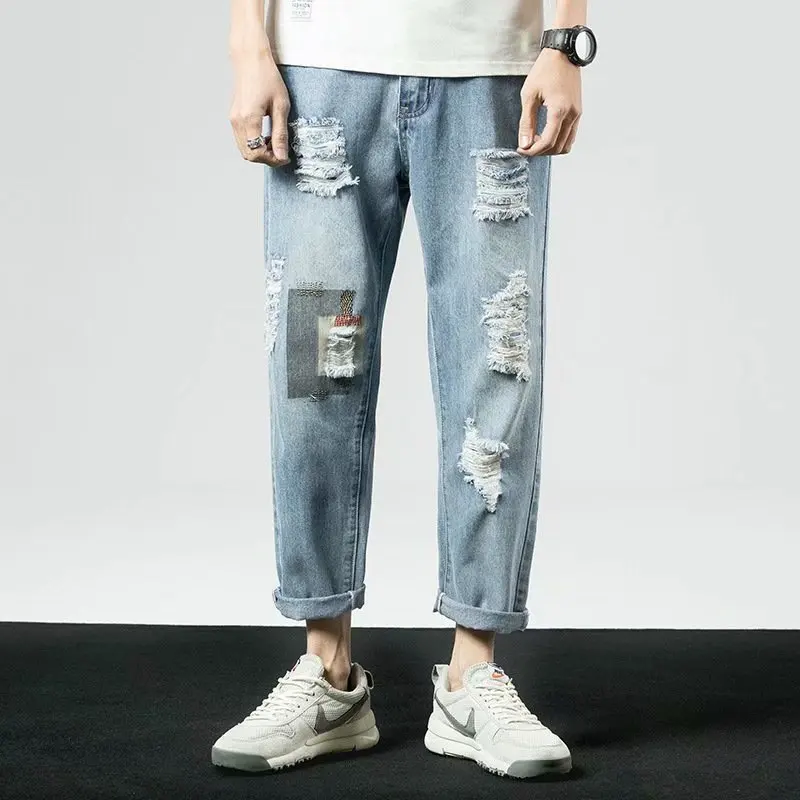 

Summer Loose Men's Ripped Denim Trousers Casual Fashion Straight Hole Jeans Pants