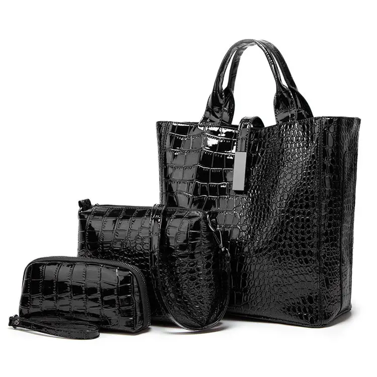 

3 PCS 2021 Women Pu Leather Alligator Pattern Sac A Main Femma Tote Handbags Messenger Purse And Clutch Bags Ladies Bag Set